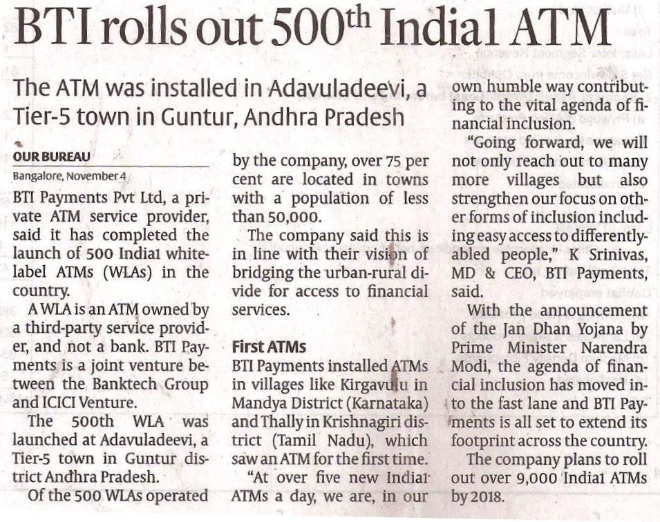 BTI rolls out 500th India1ATM